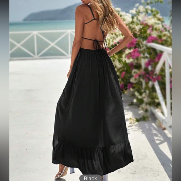 Boho square neck backless strappy ruffle maxi dress green - Picture 4 of 6